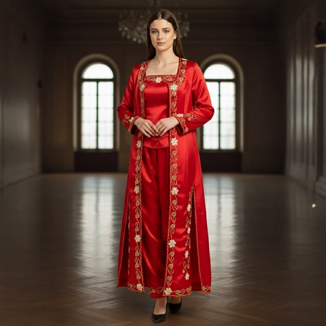 Traditionelles Kına-Gecesi-Bindalli in Rot – Satin mit goldener Stickerei