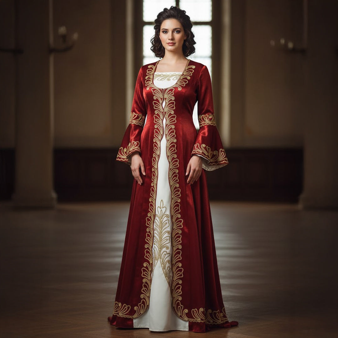 Klassisches Kına-Gecesi-Kleid – Samt-Bindalli in Bordeauxrot mit Goldstickerei und cremefarbenem Einsatz