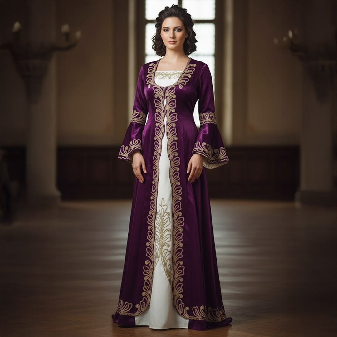 Klassisches Kına-Gecesi-Kleid – Samt-Bindalli in Dunkelviolett mit Goldstickerei und cremefarbenem Einsatz