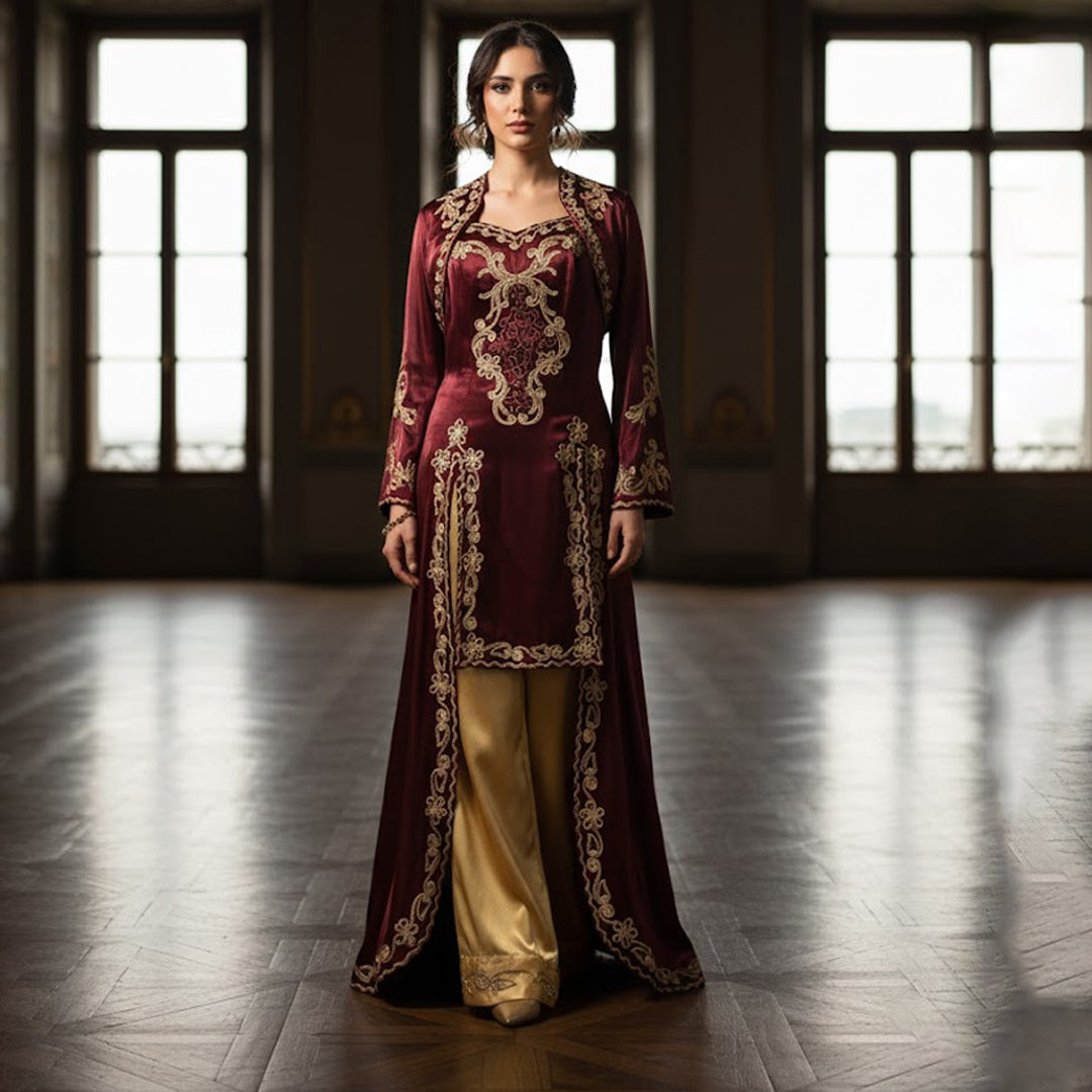 Elegantes Kına-Gecesi-Bindalli – Bordeauxrot mit goldener Stickerei und Satinhose