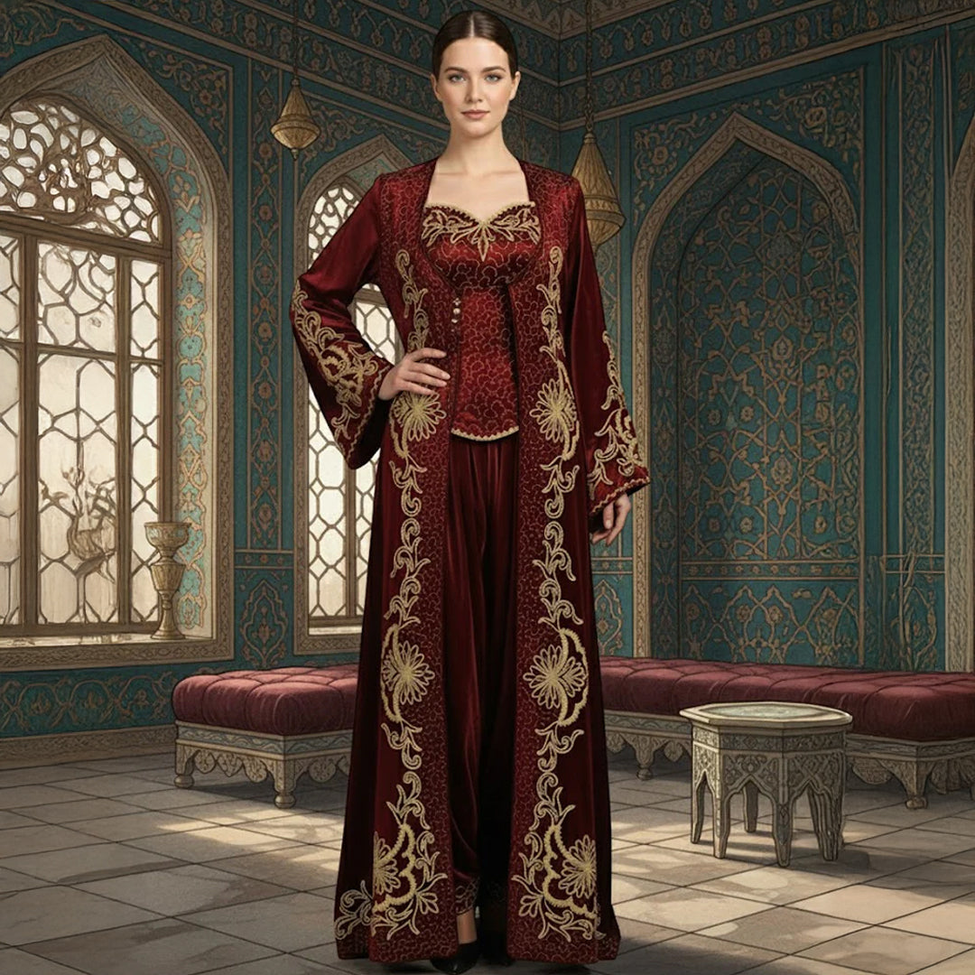 Elegantes Kına-Nacht-Kleid – Samt-Bindalli in Bordeaux mit Goldstickerei
