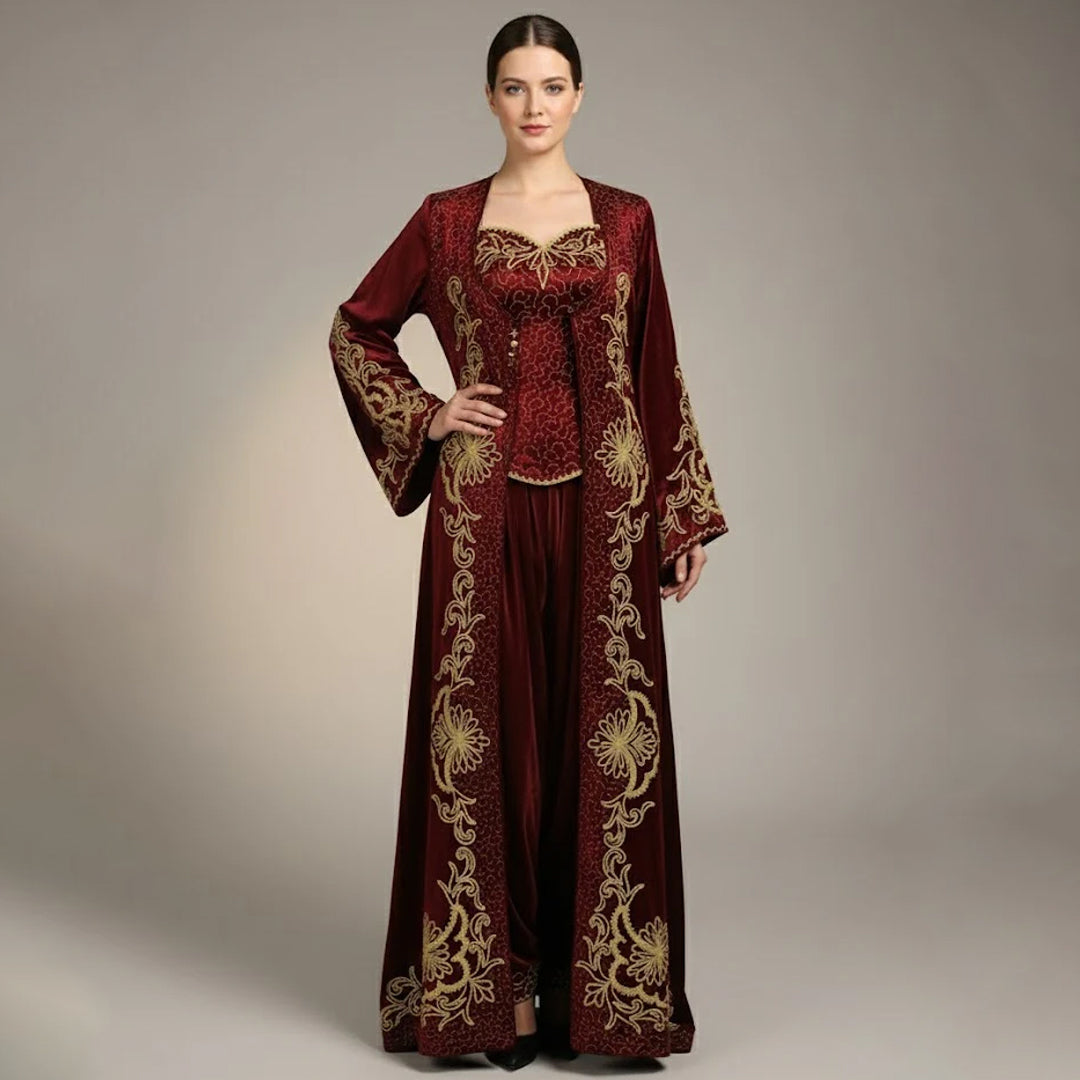 Elegantes Kına-Nacht-Kleid – Samt-Bindalli in Bordeaux mit Goldstickerei
