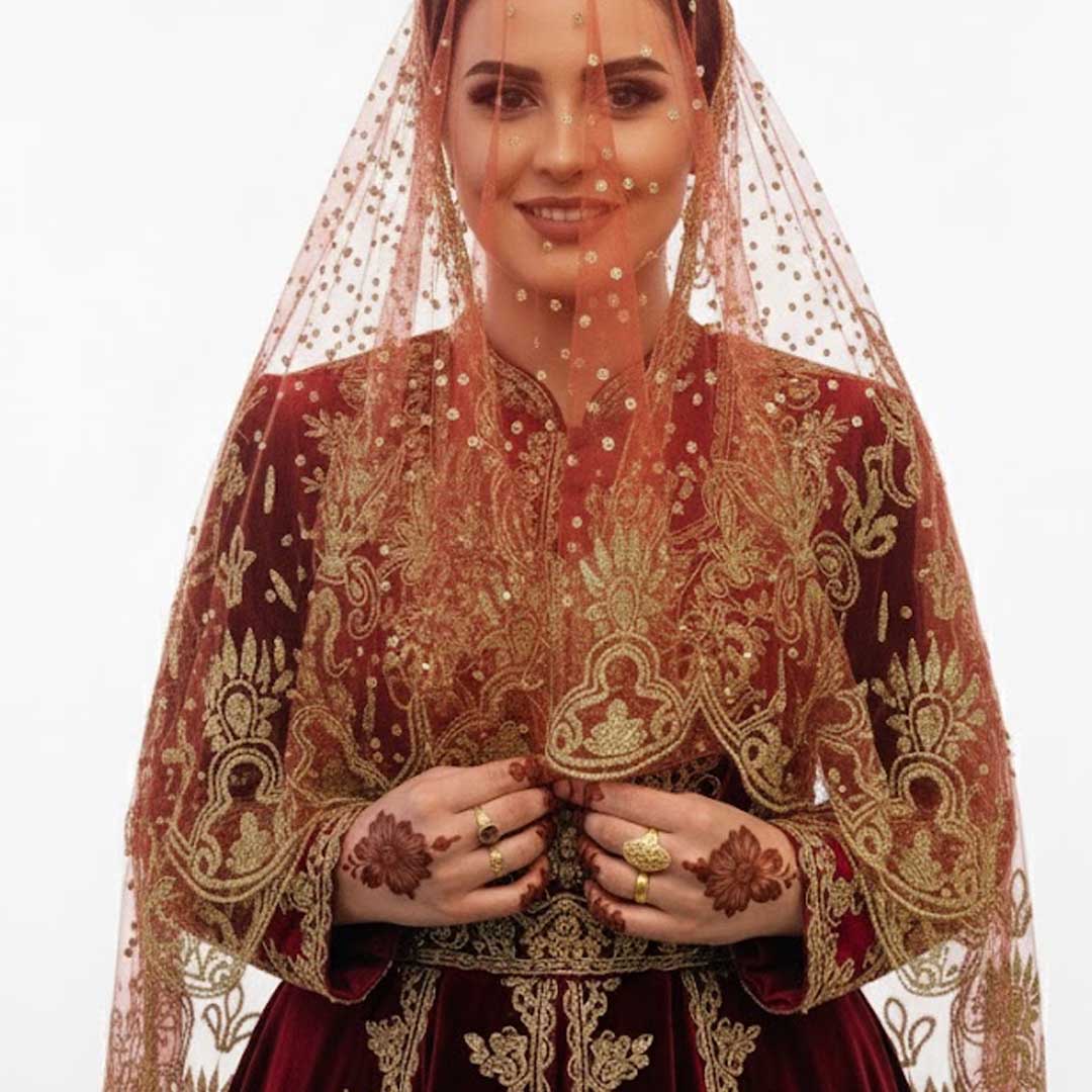 Rote Bindallı Duvak – Traditioneller Henna-Schleier mit goldfarbenem Glitzerdruck