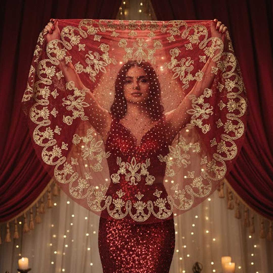 Bordeaux Bindallı Duvak – Traditioneller Henna-Schleier mit goldfarbenem Glitzerdruck