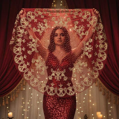 Bordeaux Bindallı Duvak – Traditioneller Henna-Schleier mit goldfarbenem Glitzerdruck