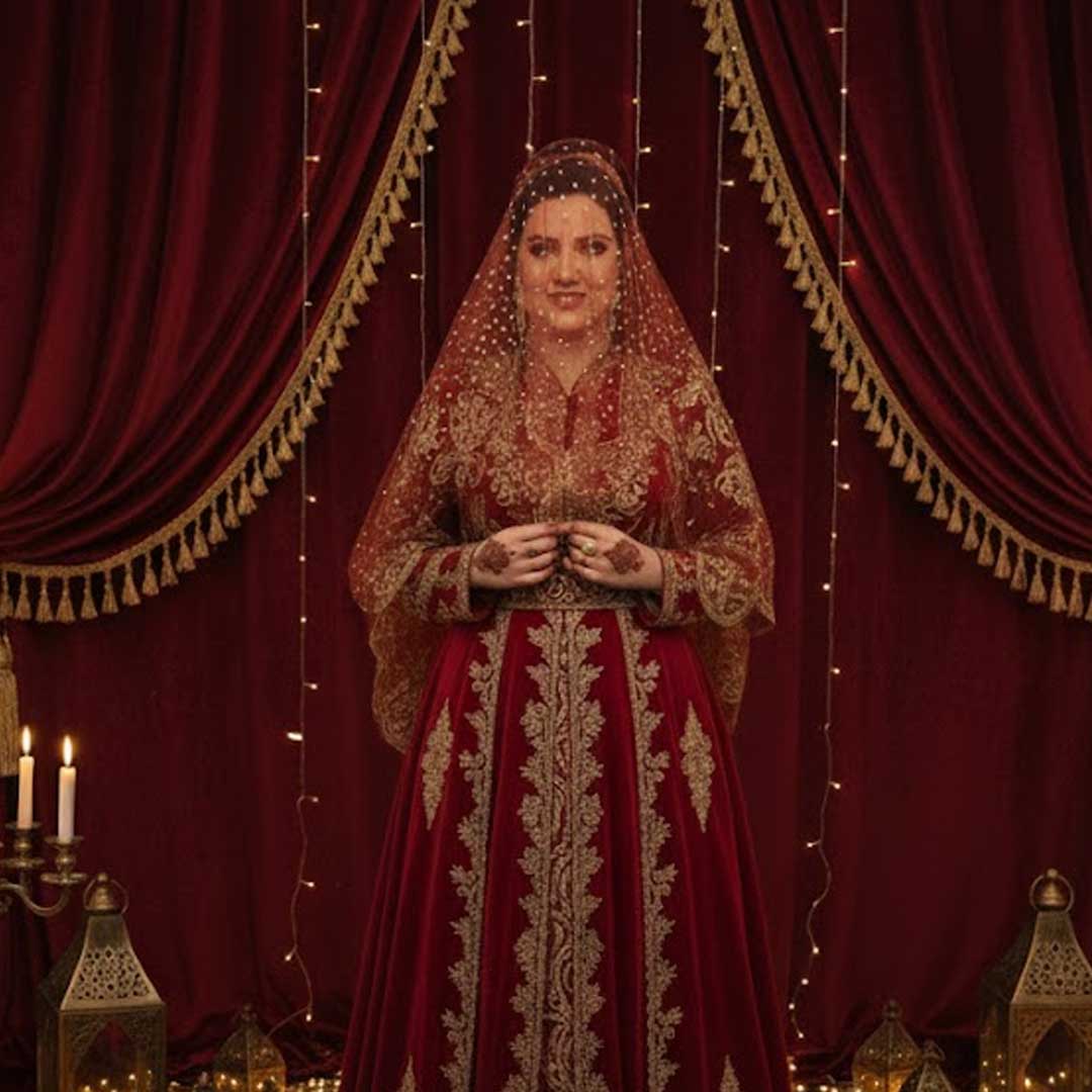 Bordeaux Bindallı Duvak – Traditioneller Henna-Schleier mit goldfarbenem Glitzerdruck