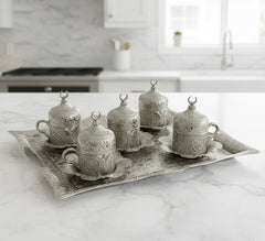 Sena Lalezar Kaffee-Set – 13-teilig, 6 Personen, Porzellan mit Deckel, Silberfarben