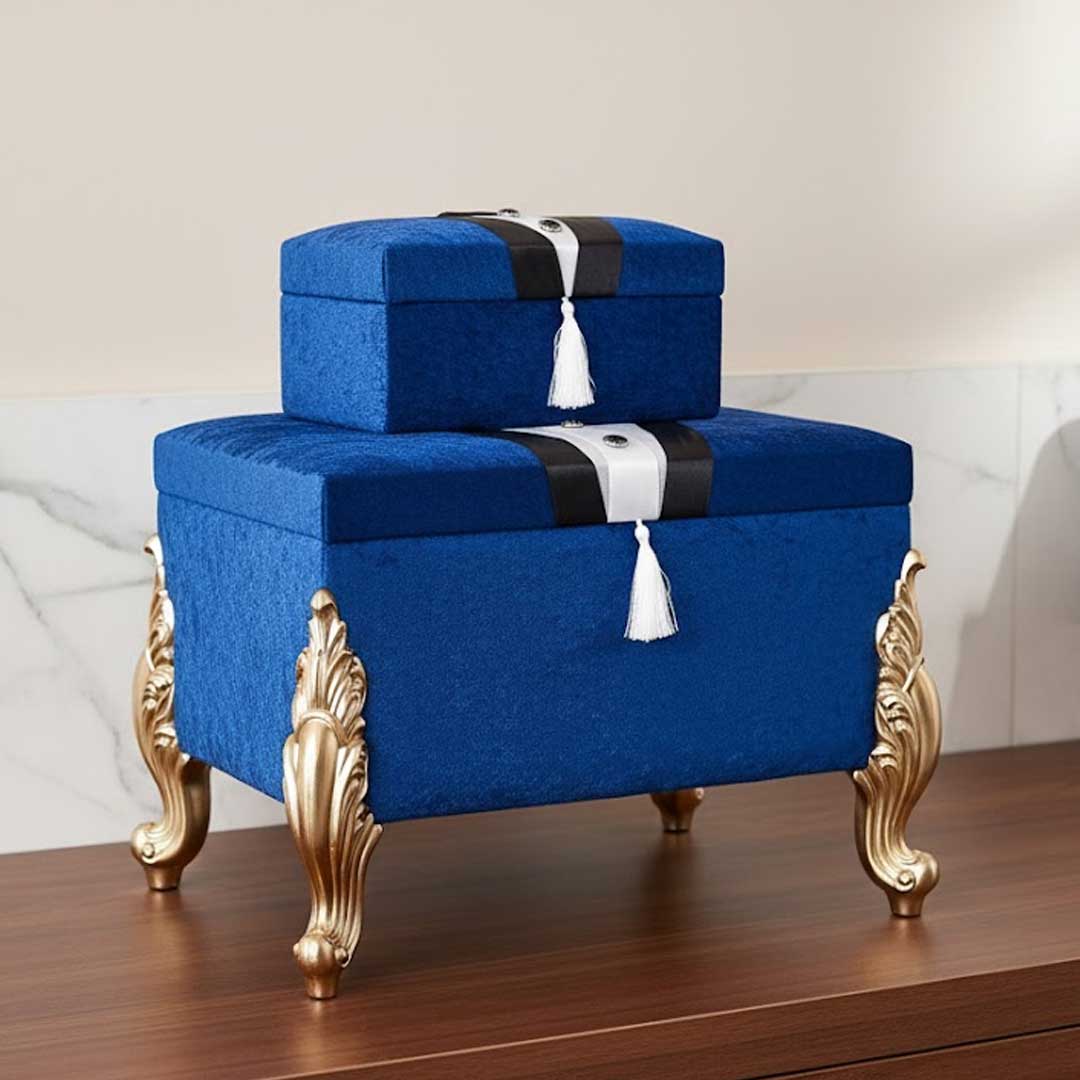 Coffre de mariage en velours figuré pour marié, 2 Ceyiz, bleu
