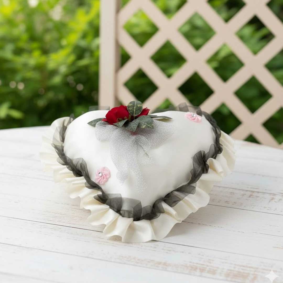 Herzförmiges Verlobungskissen – elegantes Ringkissen mit roter Rose, Spitze und Schleife