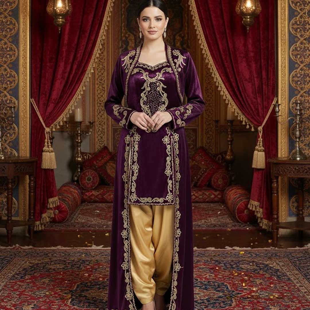 Elegantes Kına Gecesi Bindallı in Lila und Gold – Traditionelles Osmanisches Kleid