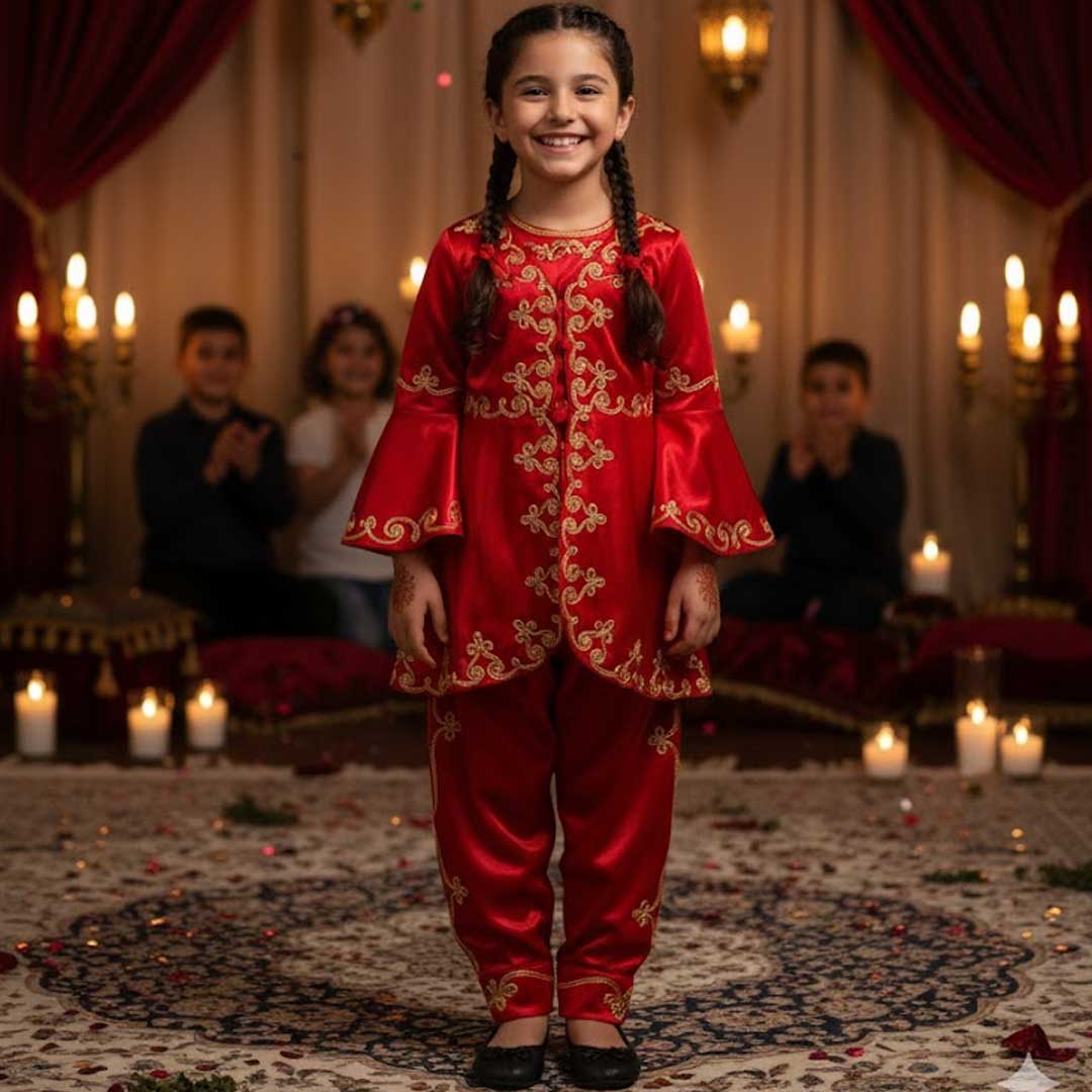 Kinder Bindallı für Mädchen – Rotes traditionelles Kına-Gecesi-Kleid mit goldenen Verzierungen