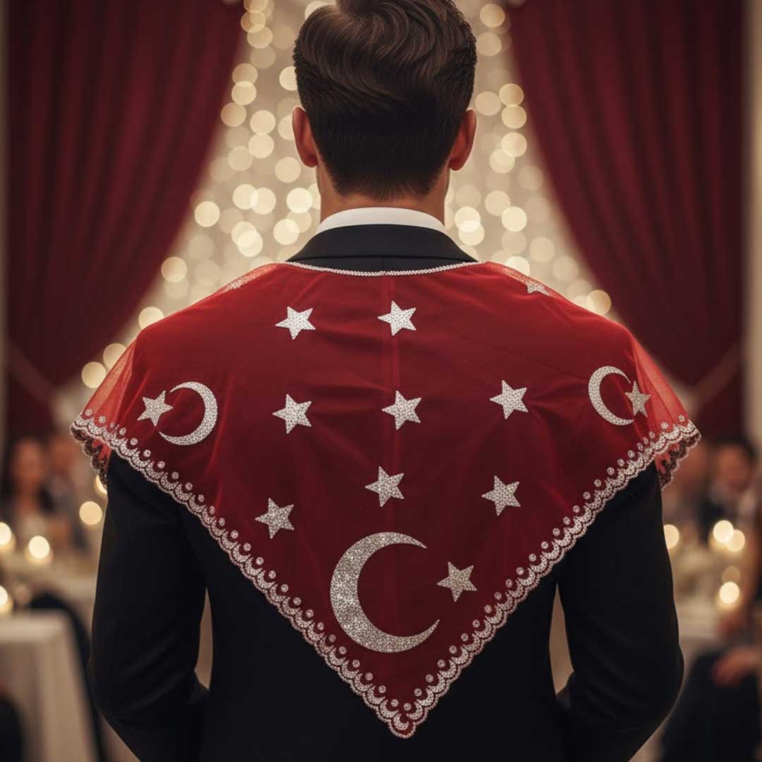 Bräutigam-Tuch Rot – traditionelles dreieckiges Tuch mit Mond- und Sternmotiv ca. 90 cm für Henna-Abend oder Hochzeit