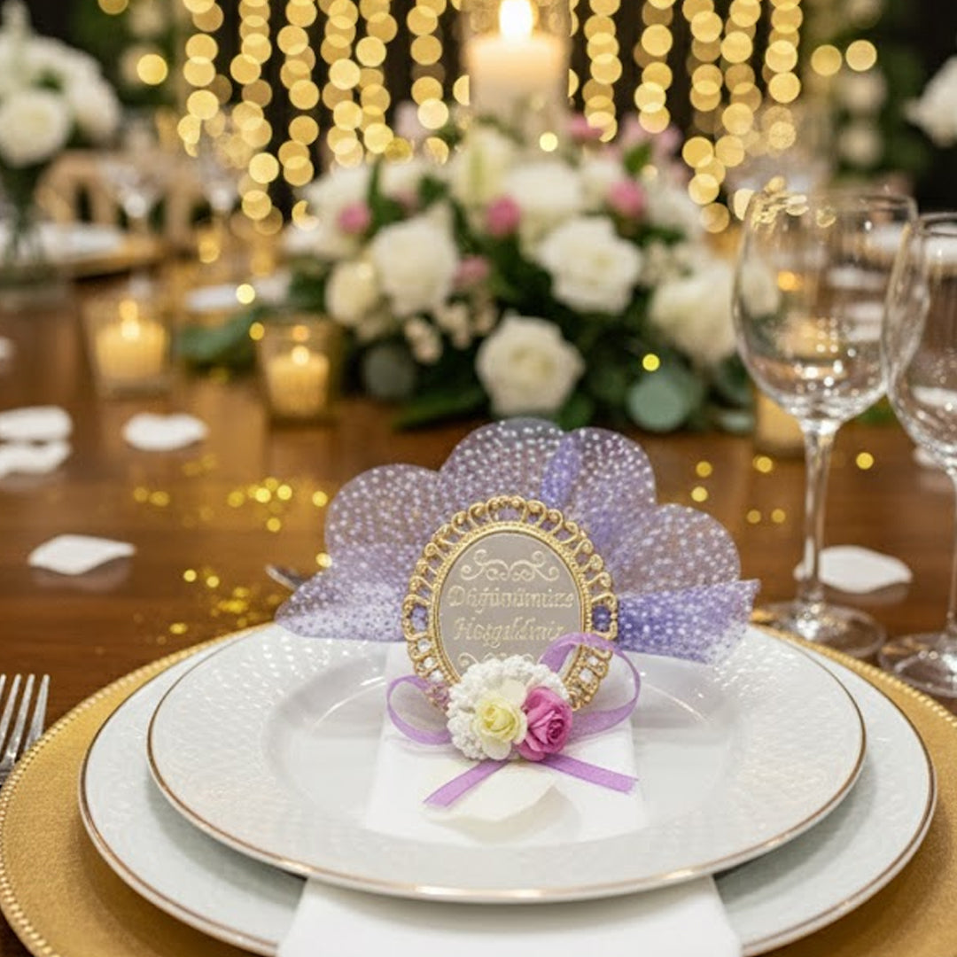 Magnetisches Hochzeitsgeschenk „Dügünümüze Hosgeldiniz“ – Elegantes Gastgeschenk mit Blumen & Tüll