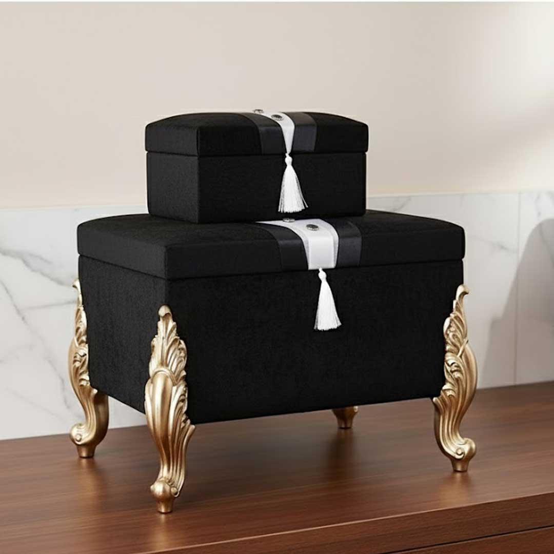 Coffre de mariage en velours figuré pour marié, ensemble de 2 coffres Ceyiz noirs