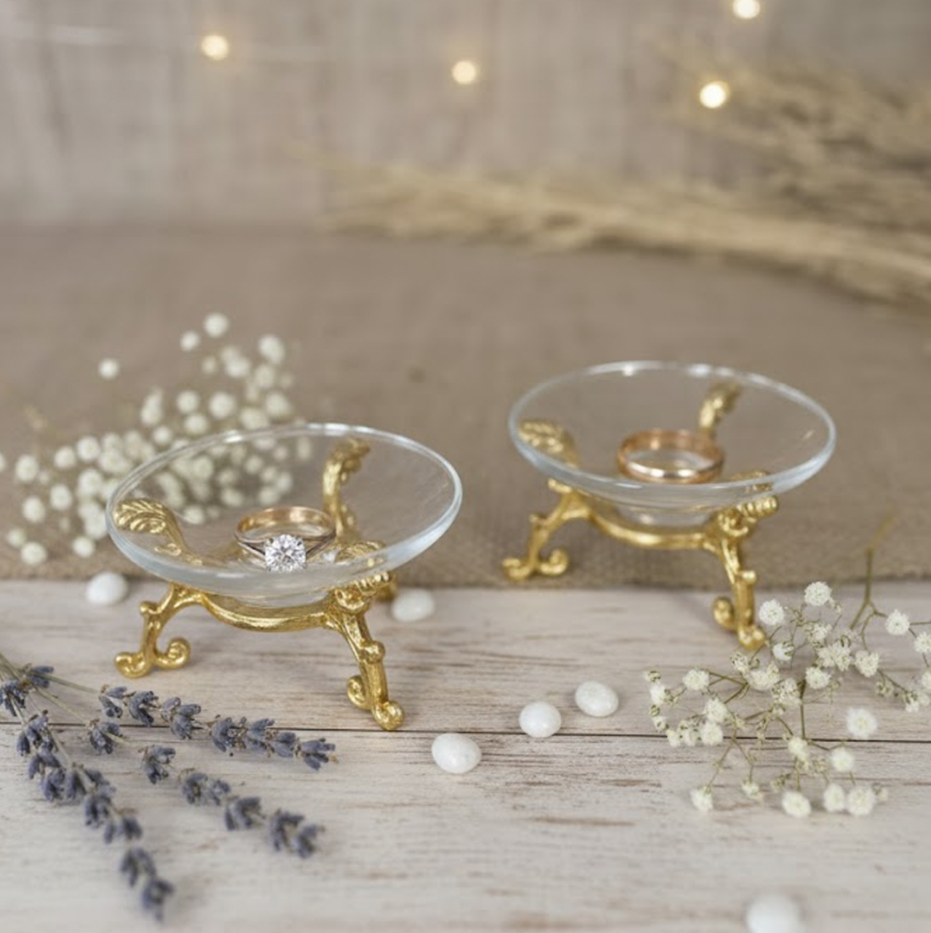 Double crystal glass silver ring holder, ring tray, gold