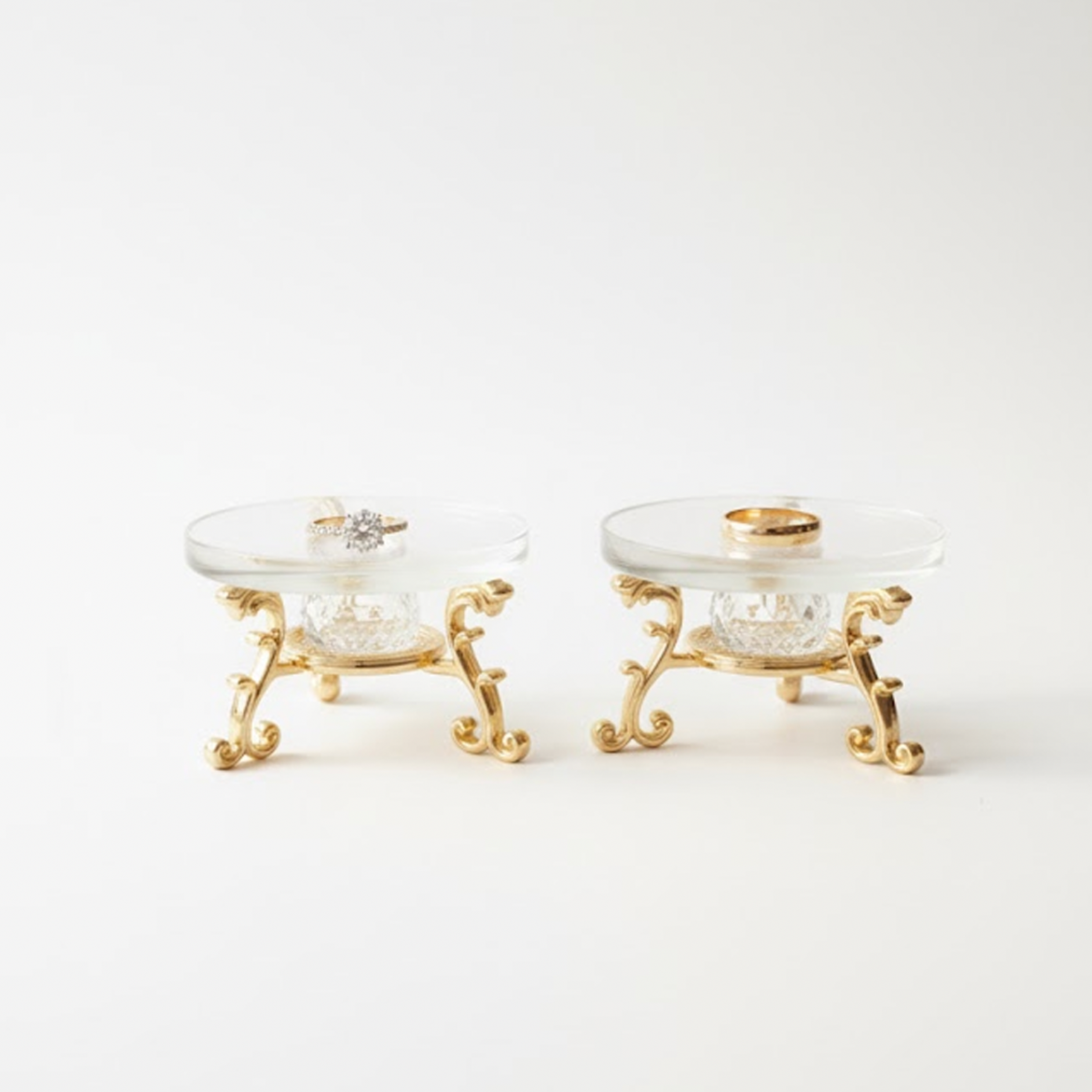 Double crystal glass silver ring holder, ring tray, gold